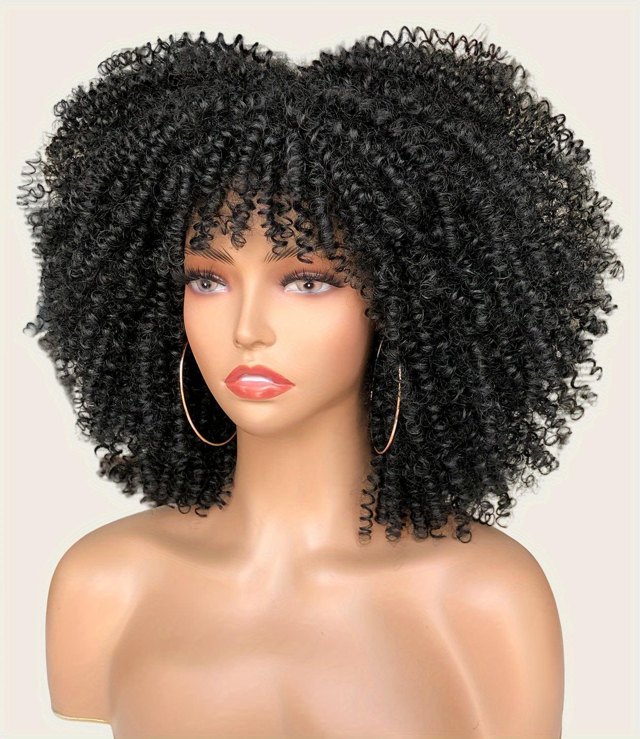 Curly Afro Wig with Bangs Short Kinky Curly Wig for Women Synthetic Black Curly Wigs Shoulder Length Glueless Afro Wig (Black)