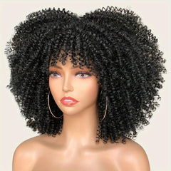 Curly Afro Wig with Bangs Short Kinky Curly Wig for Women Synthetic Black Curly Wigs Shoulder Length Glueless Afro Wig (Black)