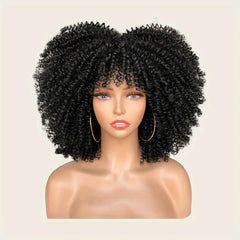 Curly Afro Wig with Bangs Short Kinky Curly Wig for Women Synthetic Black Curly Wigs Shoulder Length Glueless Afro Wig (Black)