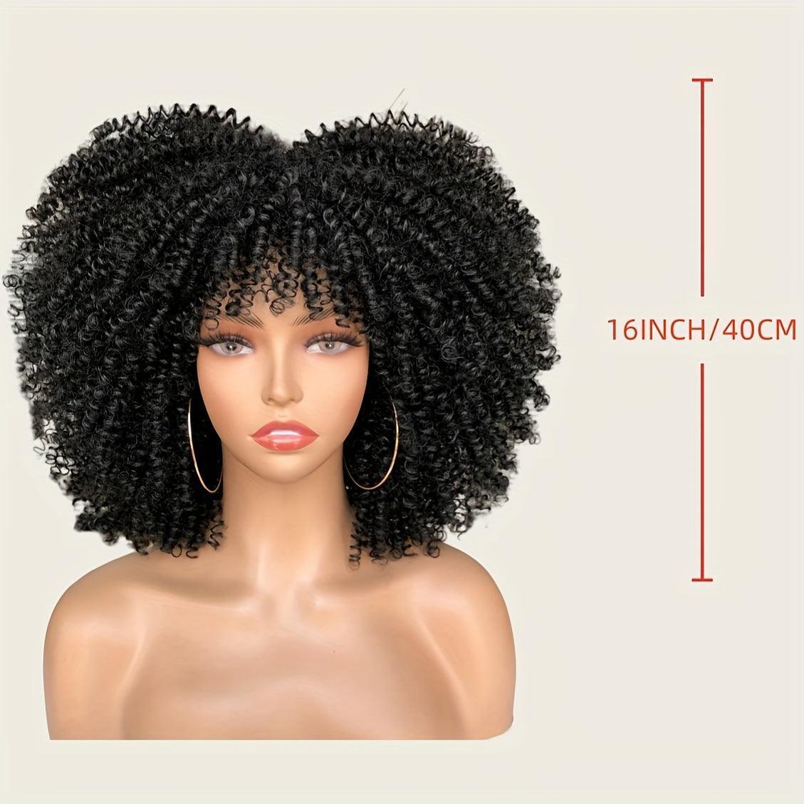 Curly Afro Wig with Bangs Short Kinky Curly Wig for Women Synthetic Black Curly Wigs Shoulder Length Glueless Afro Wig (Black)