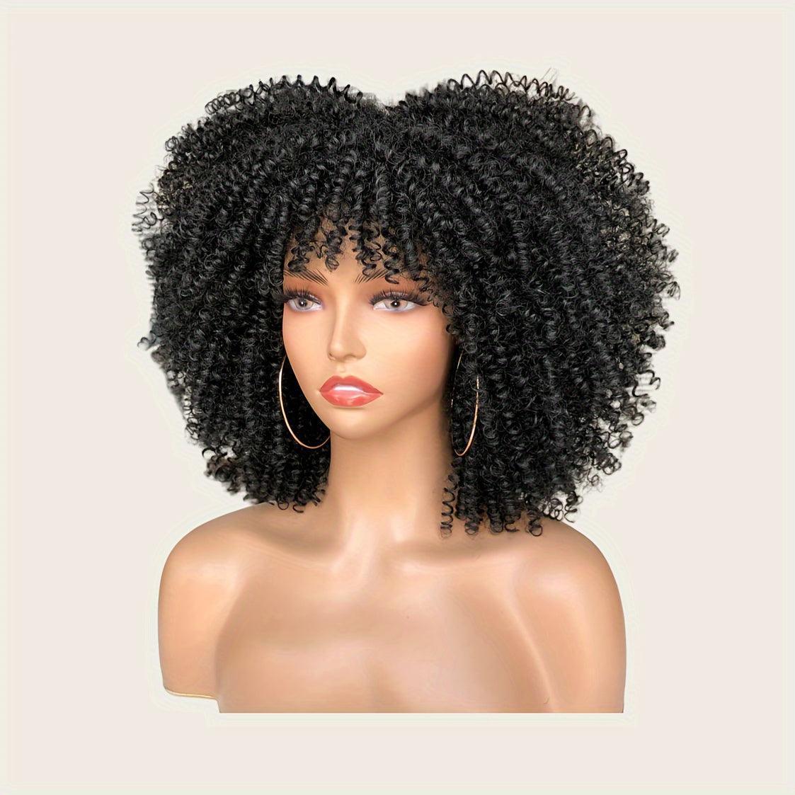 Curly Afro Wig with Bangs Short Kinky Curly Wig for Women Synthetic Black Curly Wigs Shoulder Length Glueless Afro Wig (Black)