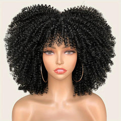 Curly Afro Wig with Bangs Short Kinky Curly Wig for Women Synthetic Black Curly Wigs Shoulder Length Glueless Afro Wig (Black)