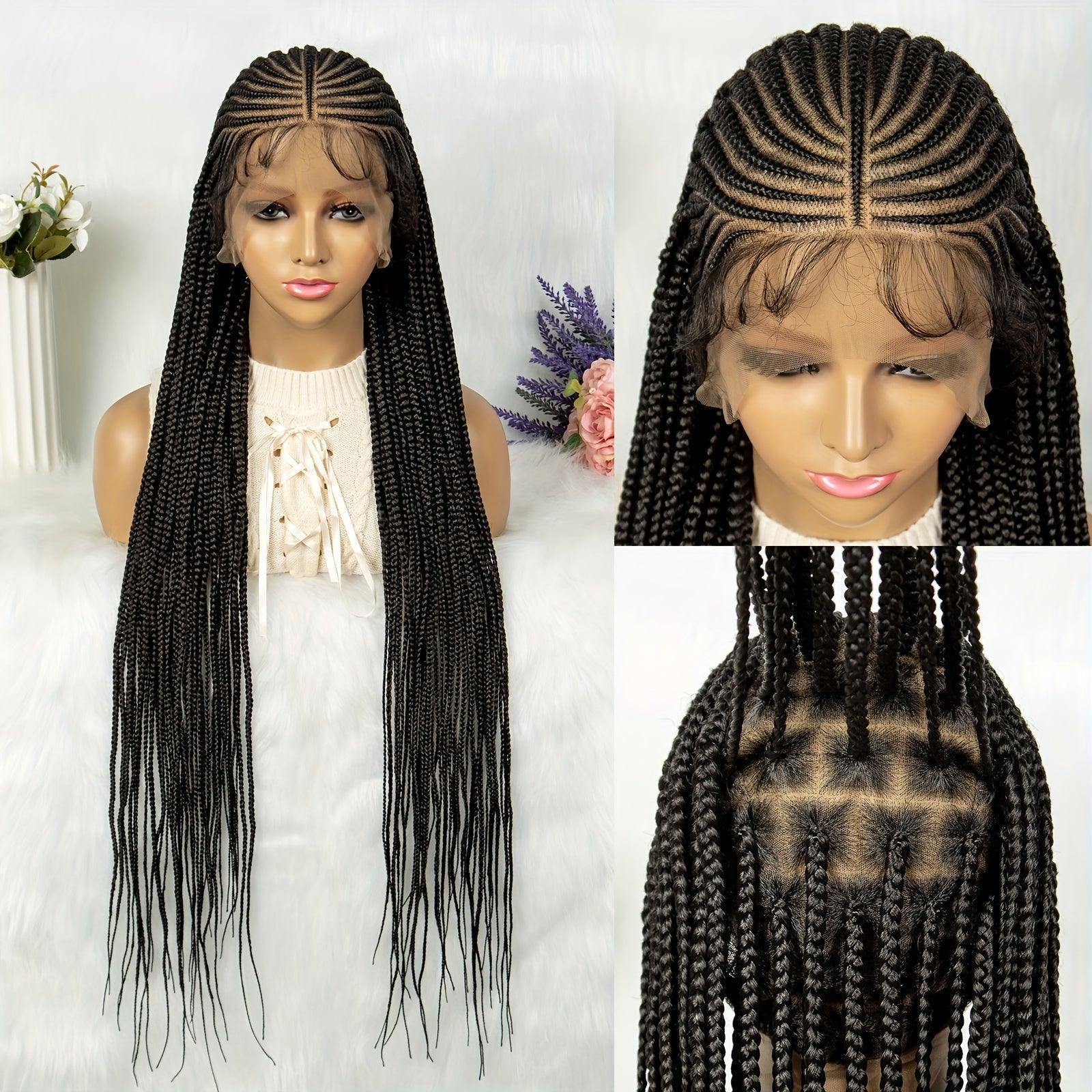 36 Inch Handmade Conrow Box Braid Lace Front Wig for Women